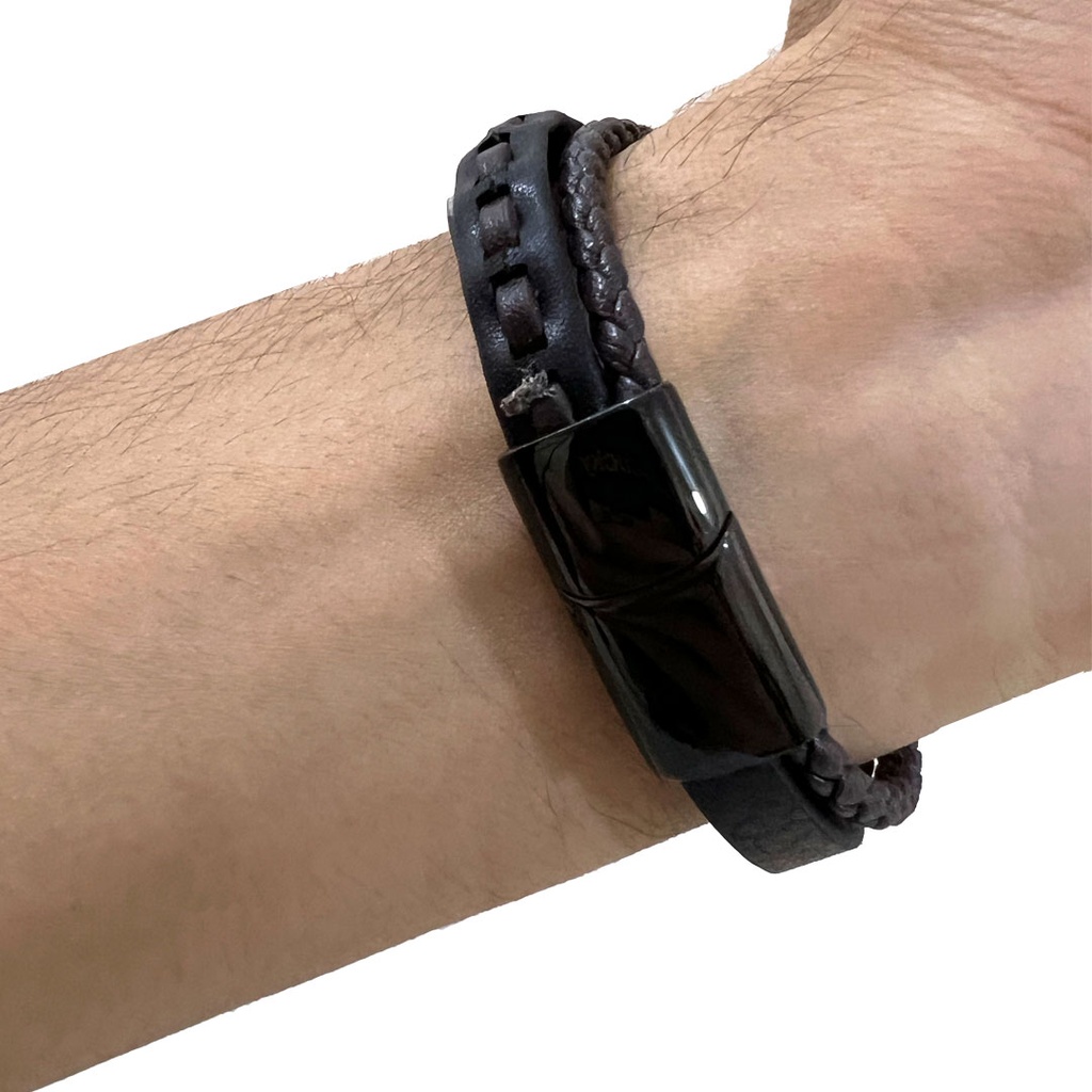 Men Black &amp; Brown Leather 3 layers Bracelet Metal Black Lock