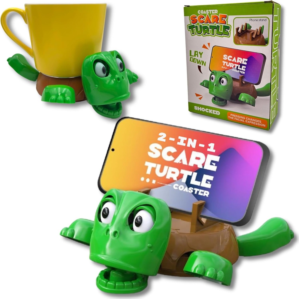 كوستر على شكل سلحفاة ثلاثية الأبعاد بتعبير مضحك عند وضع الكوب مع ستاند للموبايل