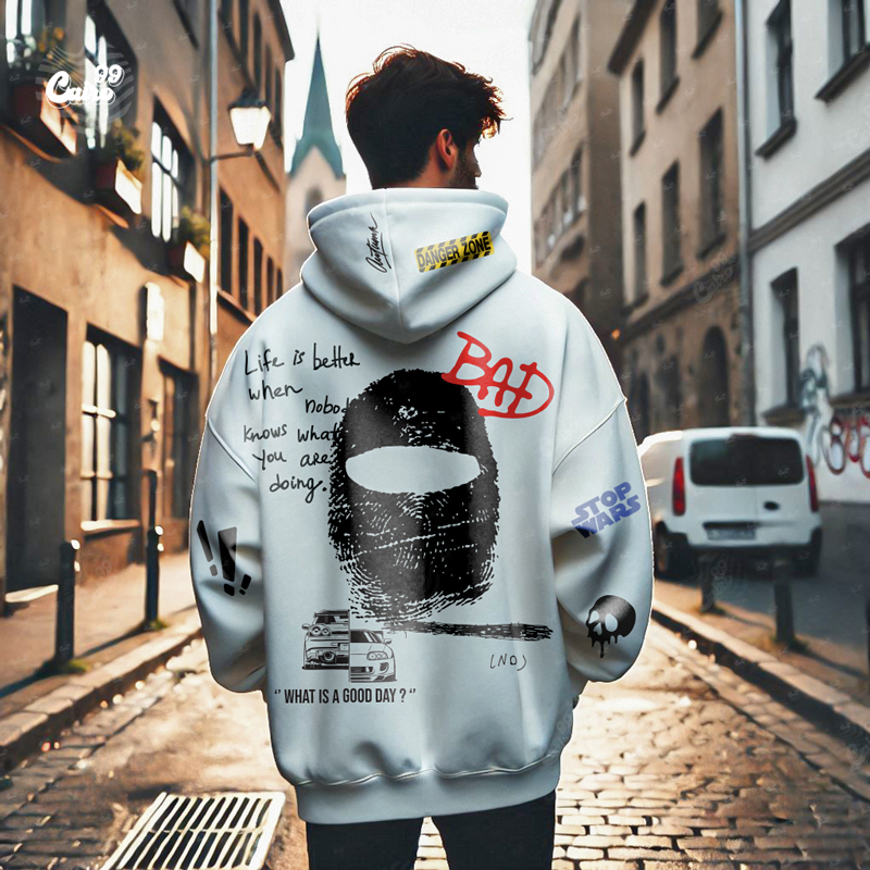 I've Been Far And Back هودي اوفر سايز قطن للرجال باللون الابيض