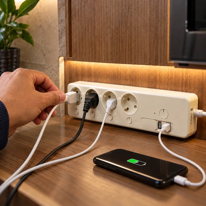 مشترك كهربائي ذكي 16 أمبير بـ 4 مخارج و2 منفذ USB وواي فاي للتحكم من الموبايل ومتابعة استهلاك الكهرباء
