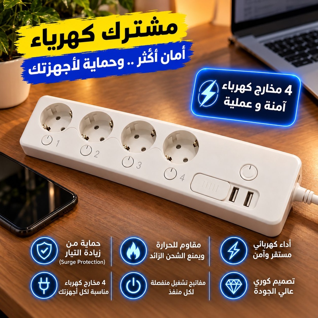 مشترك كهربائي ذكي 16 أمبير بـ 4 مخارج و2 منفذ USB وواي فاي للتحكم من الموبايل ومتابعة استهلاك الكهرباء