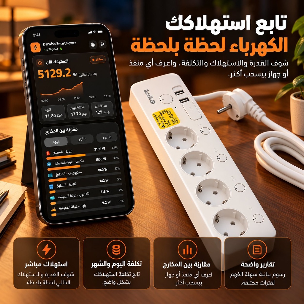 مشترك كهربائي ذكي 16 أمبير بـ 4 مخارج و2 منفذ USB وواي فاي للتحكم من الموبايل ومتابعة استهلاك الكهرباء