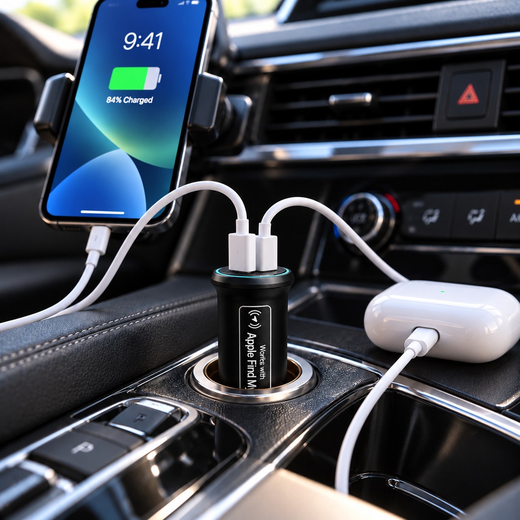 شاحن سيارة ذكي بقدرة 30 وات USB-C للشحن السريع وتتبع موقع العربية متوافق مع Apple Find My وGoogle Find Hub