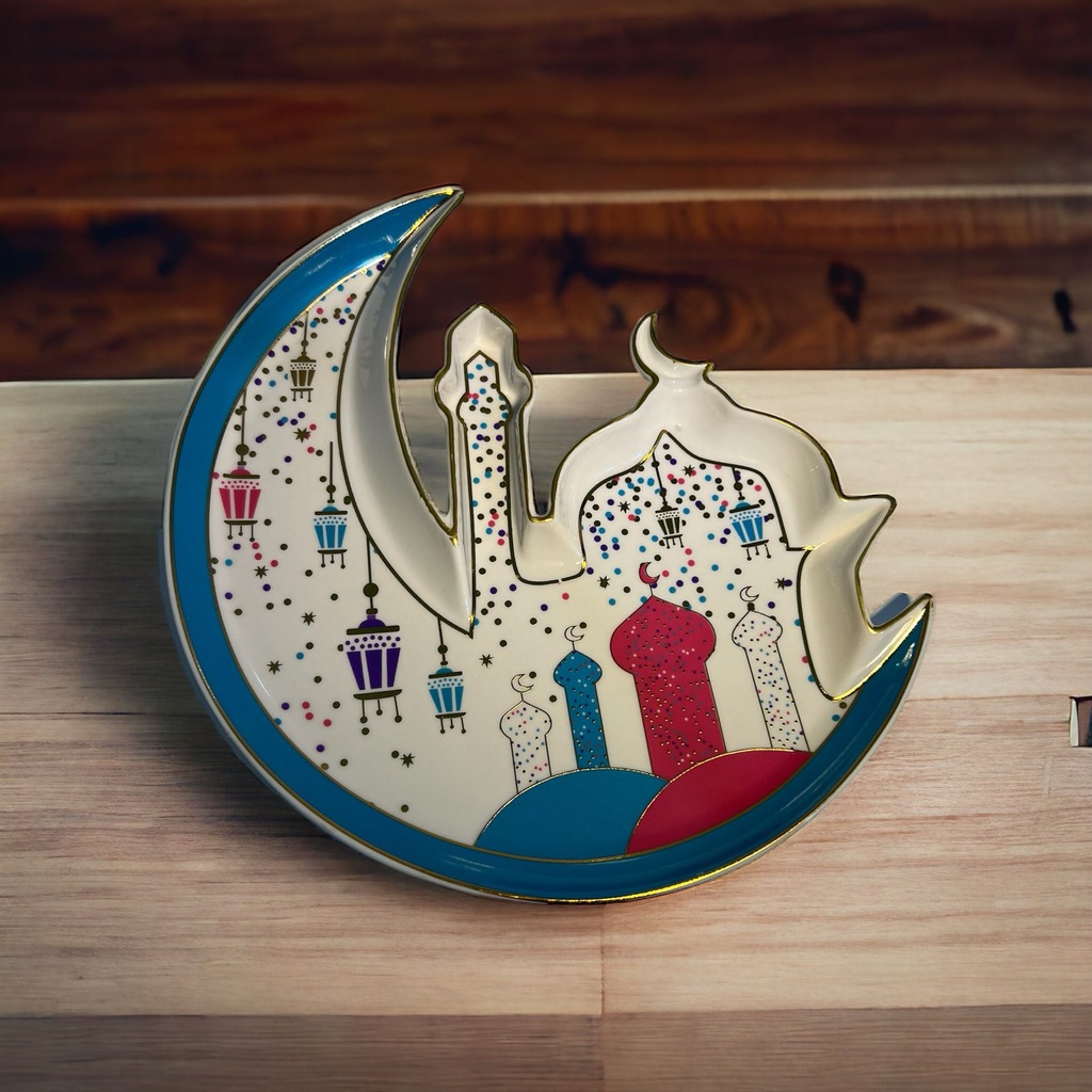 طبق تسالي هلال وجامع  بورسلين لتقديم التمر والمكسرات والكاندي للضيوف في رمضان بشكل شيك