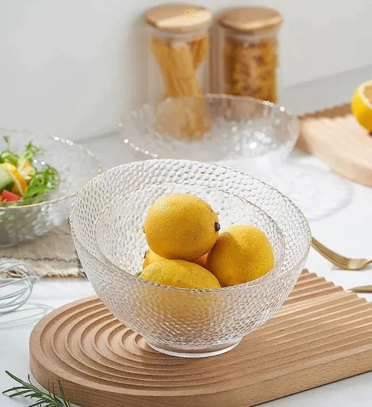 طقم اطباق اكليريك شفاف 3 قطع بمقاسات مختلفة لحمل وتقديم السلطات والفواكه علي السفرة بشكل شيك