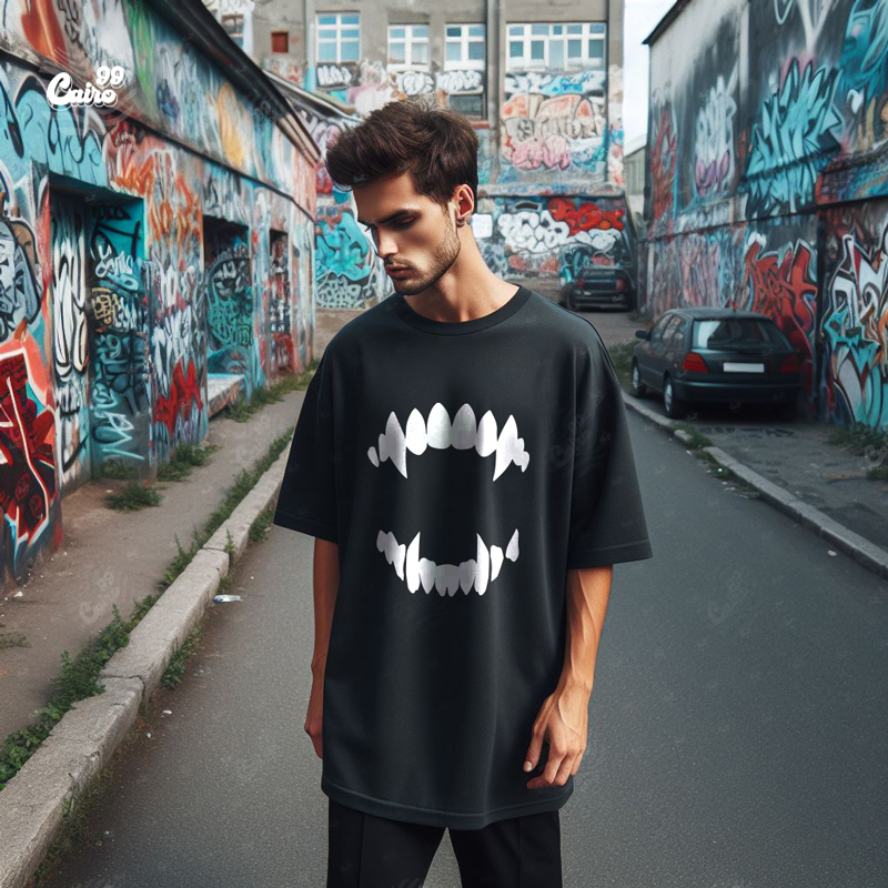 vampire teeth تيشيرت اوفر سايز قطن باللون الأسود للرجال