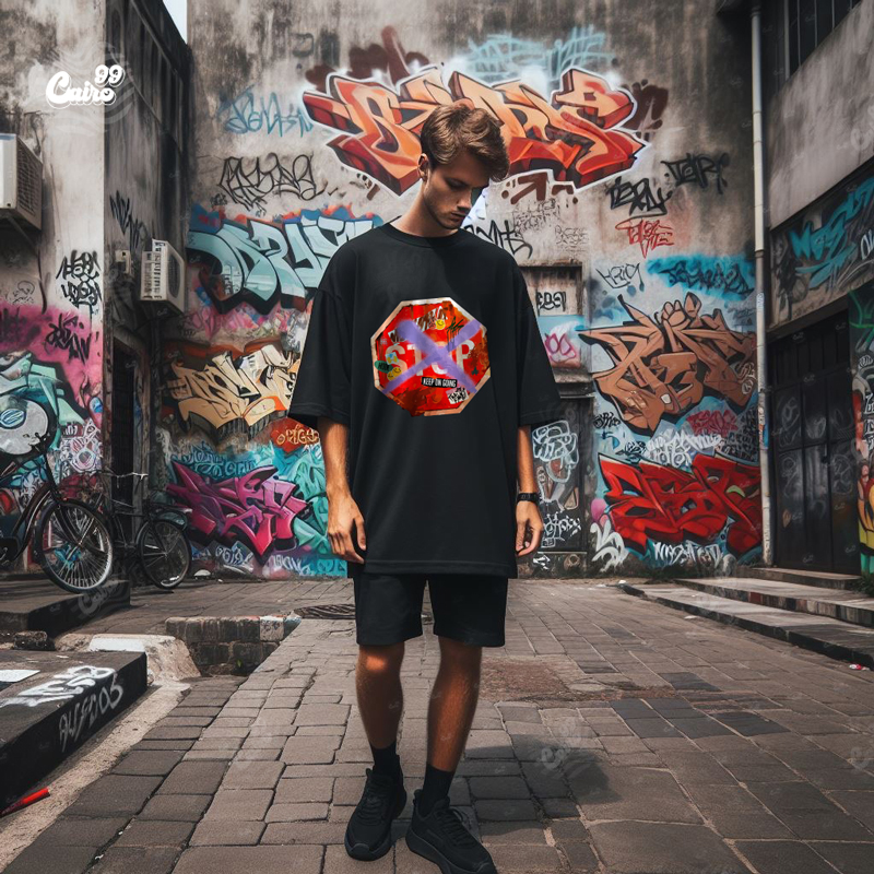 Stop تيشيرت اوفر سايز قطن باللون الاسود للرجال