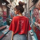 Woman Flower  تيشيرت اوفر سايز قطن باللون الاحمر للنساء