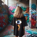 Blue Eye تيشيرت اوفر سايز قطن باللون الاسود للنساء