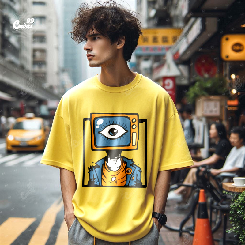 TV Head تيشيرت اوفر سايز قطن باللون الاصفر للرجال