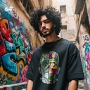 Frankenstein Freak تيشيرت اوفر سايز قطن باللون الأسود للرجال