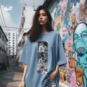 Old Memories تيشيرت اوفر سايز قطن باللون الازرق للنساء