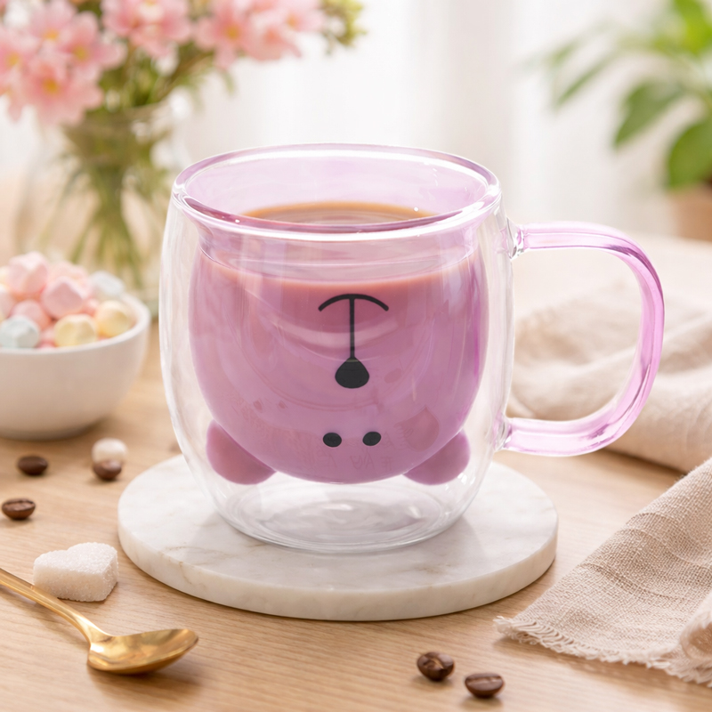 مج زجاج دبل شكل دبدوب 250 ملي لشرب النسكافيه والكابتشينو