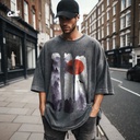 landscape print تيشيرت اوفر سايز قطن باللون الرمادي للرجال