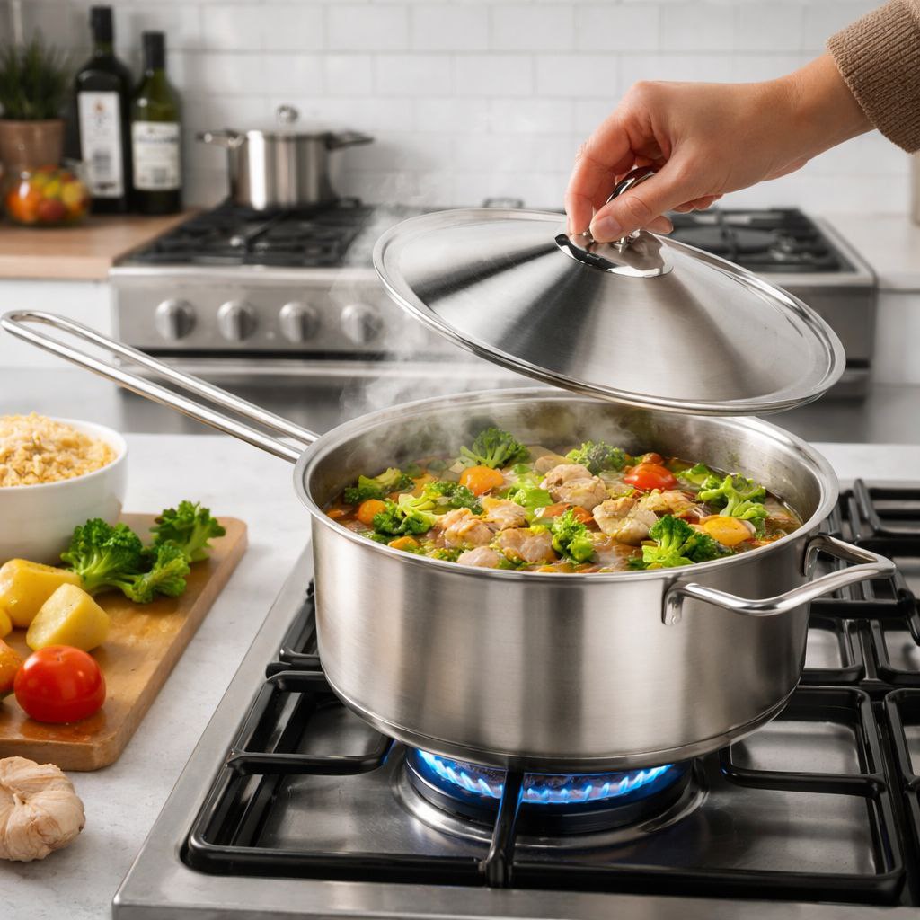 كسرولة استانلس ستيل تركي بغطاء ويد لسهولة الحمل مقاس 22سم