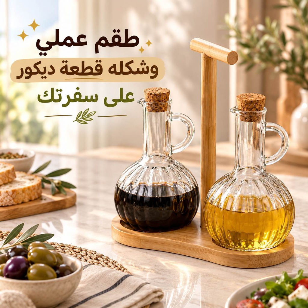 طقم زجاجات زيت وخل زجاج مع حامل خشبي للتقديم