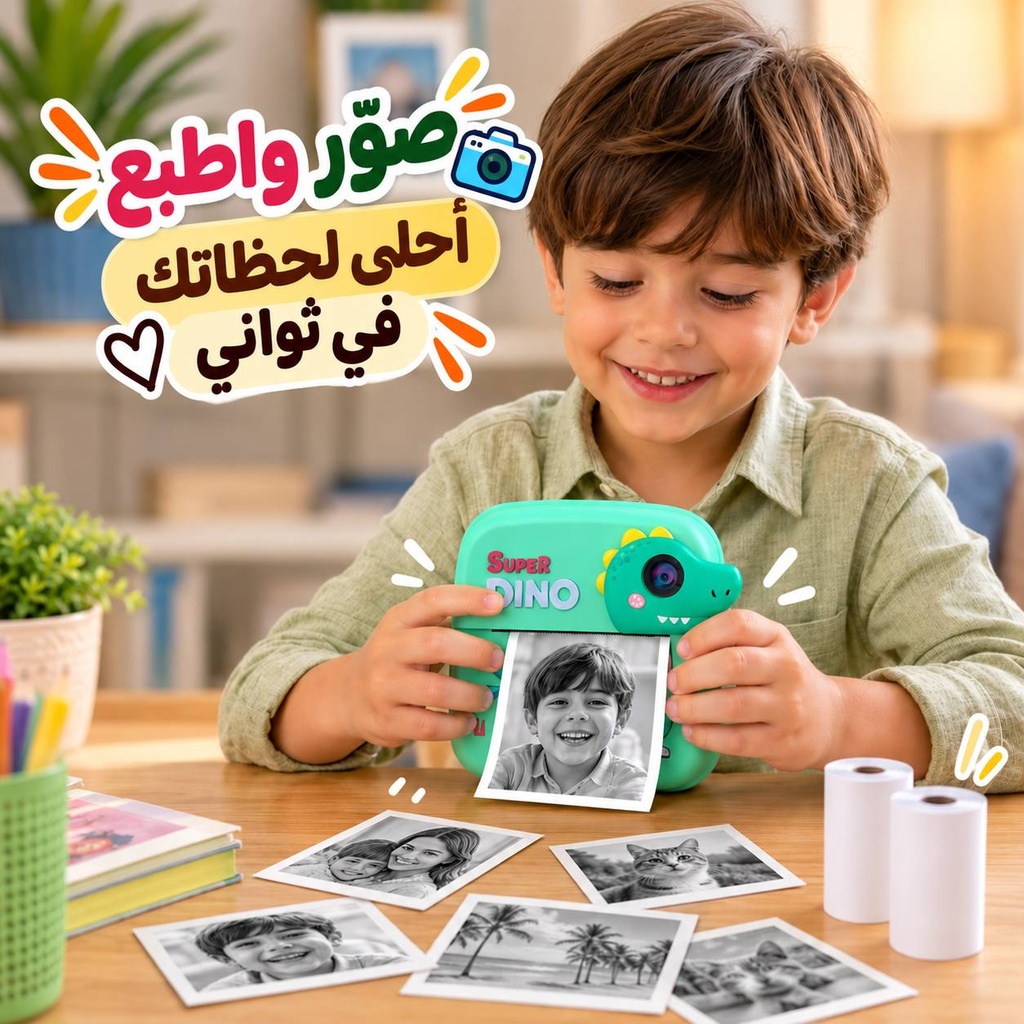 كاميرا تصوير بتصميم ديناصور بطباعة فورية حرارية مع شاشة اتش دي مع موسيقى و العاب.