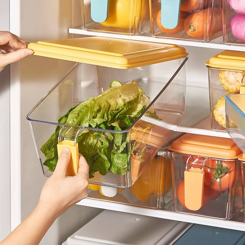 درج ثلاجة منظم وحامل للفواكه والخضروات بيد وغطاء محكم الغلق من الاكليريك الشفاف