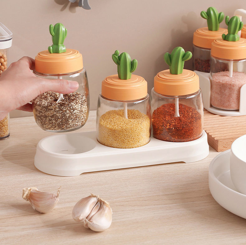 طقم توابل صبار زجاجي 3 قطع بحامل ومعالق لسهولة الاستخدام