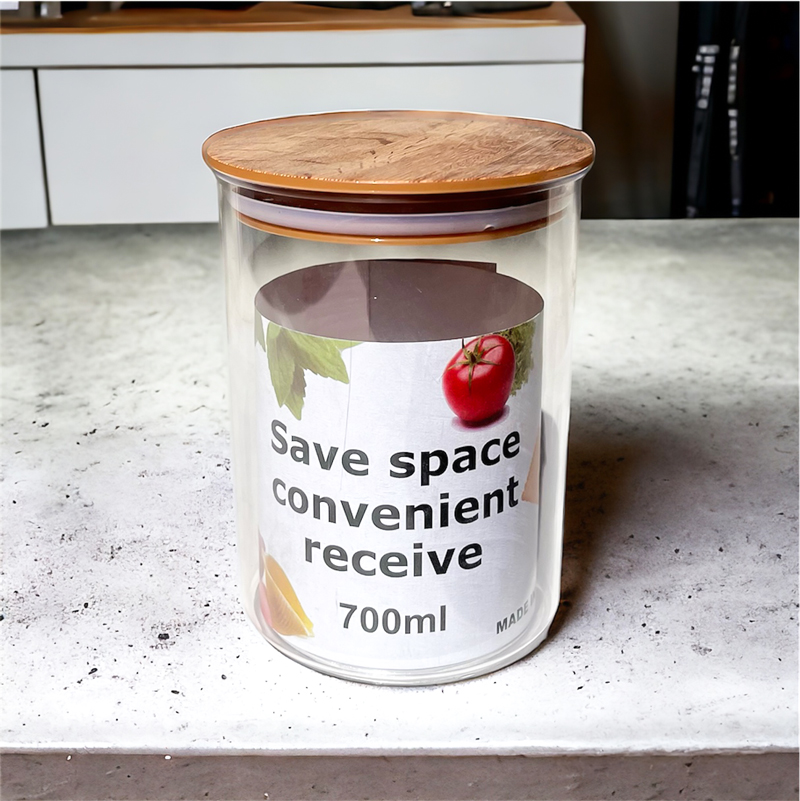 علبة اكليريك 700 ملي لحفظ وتخزين الحبوب والبقوليات والمكسرات والكورن فليكس بغطاء شكل خشبي محكم الغلق