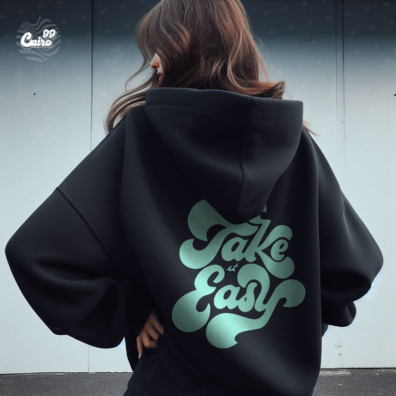 Take It Easy هودي اوفر سايز قطن باللون الأسود