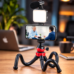 [HH00017597] ترايبود بحامل ثلاثي مرن بتصميم اخطبوطي برأس كروية تدور 360 درجة مع مايك وإضاءة للتصوير