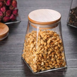 [HH00004915] برطمان 350 ملي  زجاج بغطاء خشب محكم الغلق حفظ وتنظيم توابل وبقوليات وسكر وقهوة