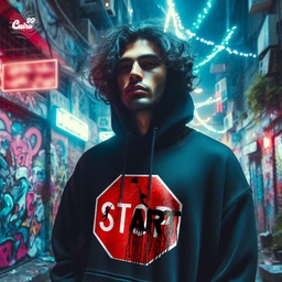 Start هودي اوفر سايز قطن باللون الأسود