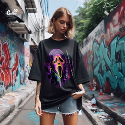 Ghost face تيشيرت اوفر سايز قطن باللون الاسود للنساء