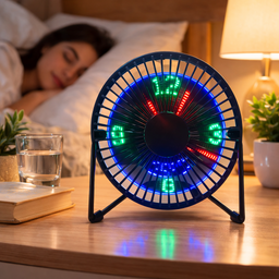 [HH00013464] مروحة ليد مكتب بساعة رقمية تدور 360 درجة تعمل بالشحن