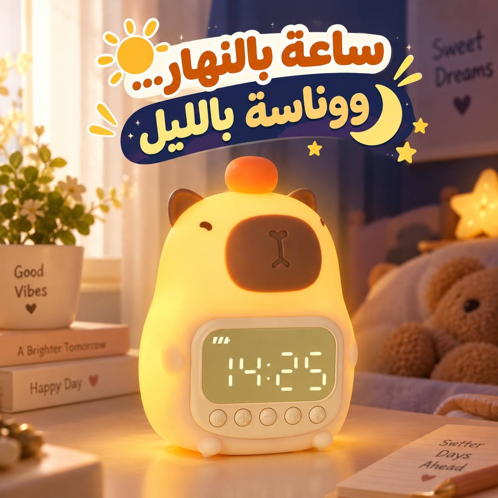 ساعة ومنبه بتصميم دبدوب مع ضوء ليلي لغرف النوم