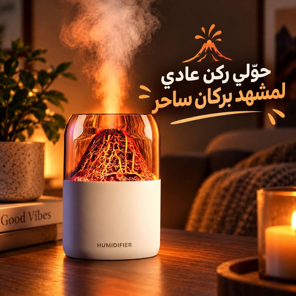 فواحة مضيئة بتصميم بركان بوضعين رذاذ لتعطير المنزل والسيارة بسعة خزان 300 ملي