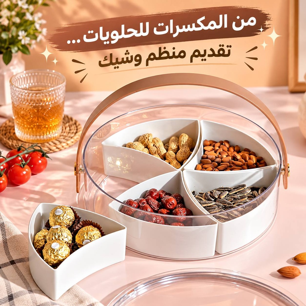 علبة تسالي اكريليك شفاف ب5 خانات بغطاء ويد من الجلد لتقديم الحلويات والمكسرات