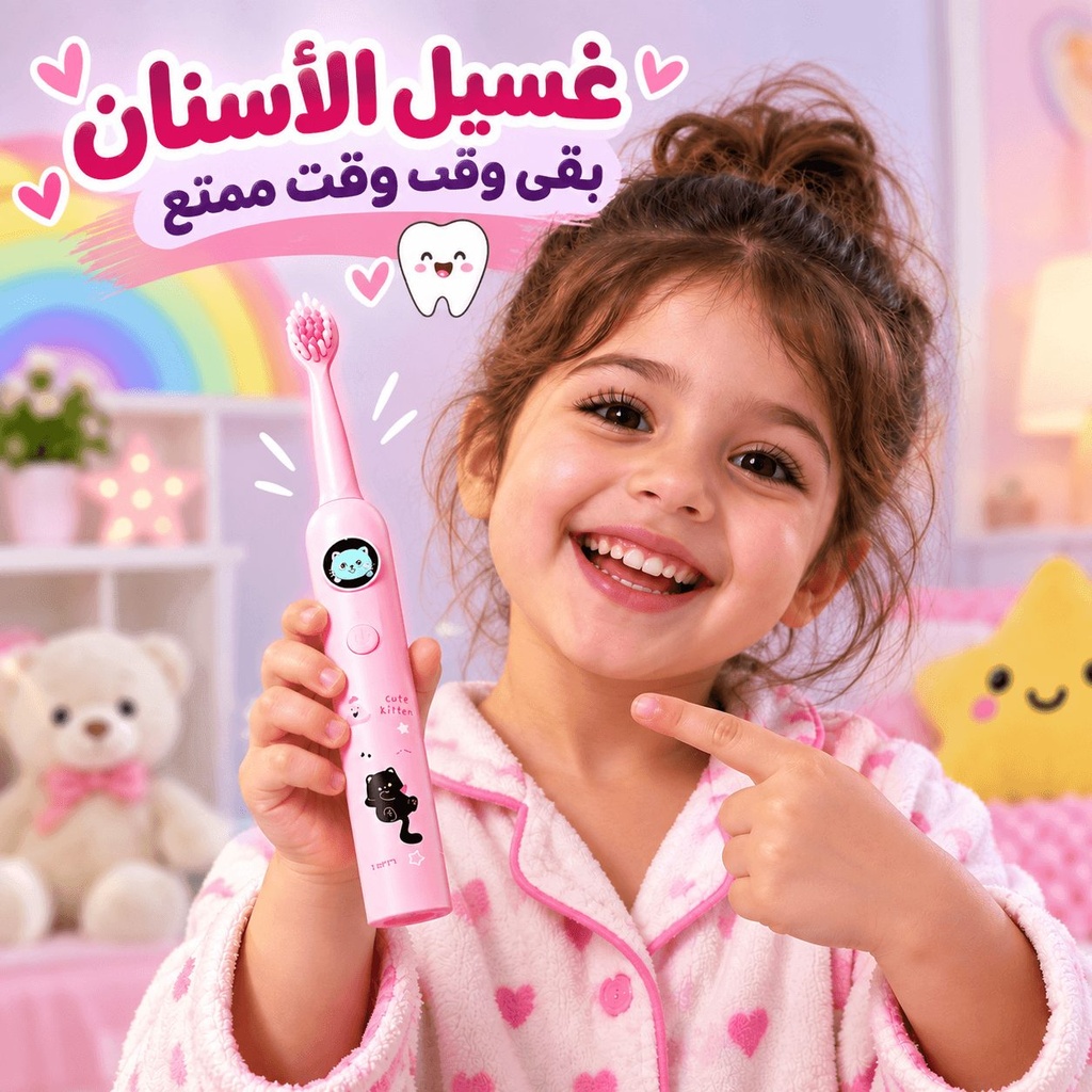 فرشة أسنان كهربائية للأطفال بتصميم كرتوني و 4 رؤوس قابلة للتبديل وخمسة أوضاع للتنظيف