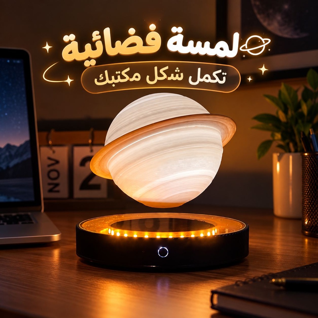 اباجورة مكتب ثري دي بتصميم كوكب زحل العائم بقاعدة شفافة تدور 360 درجة
