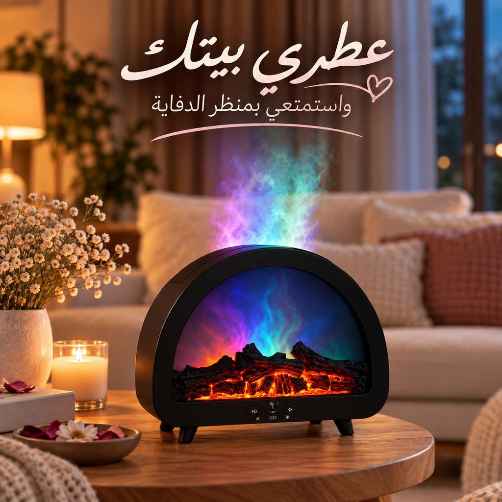 فواحة مضيئة علي شكل دفاية ثري دي مع ريموت للتحكم بخزان 200 ملي لتعطير المنزل