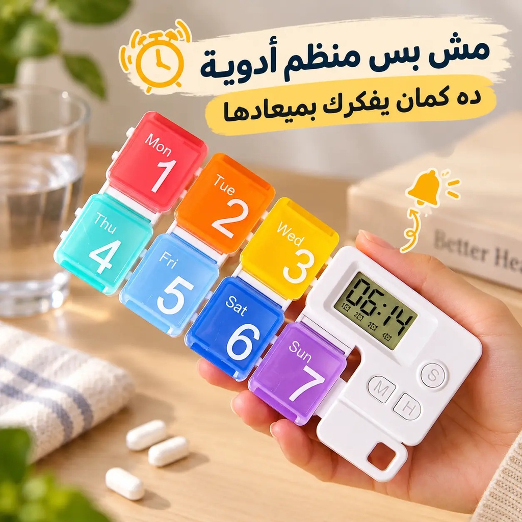 منظم يومي للأدوية و الفيتامينات بمنبه ذكي مقسم ل 7 خانات بأيام الأسبوع بغطاء محكم الغلق