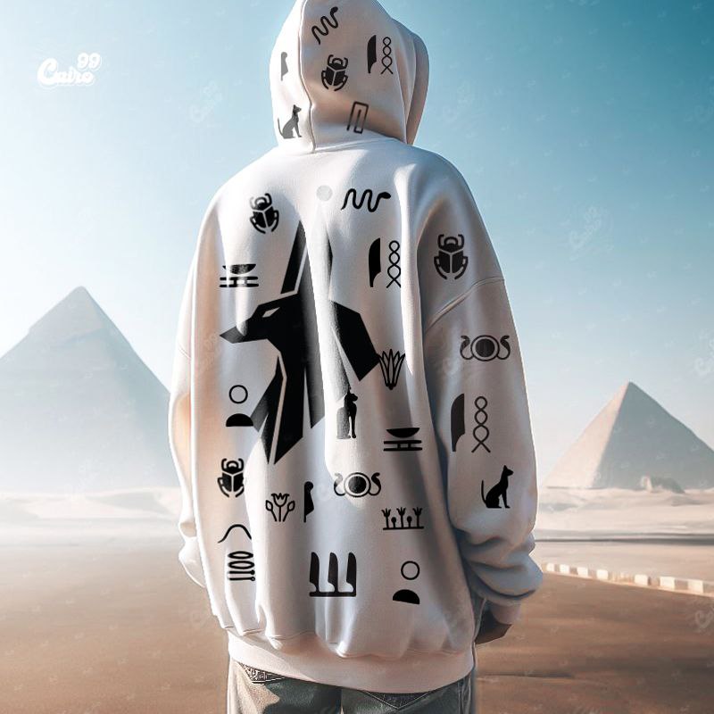 Touches of Pharaonic symbols هودي اوفر سايز قطن باللون الأبيض