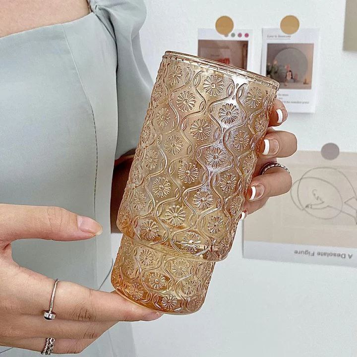 طقم كوبايات عصير زجاج مزخرف باللون العسلي 6 قطع لتقديم المشروبات