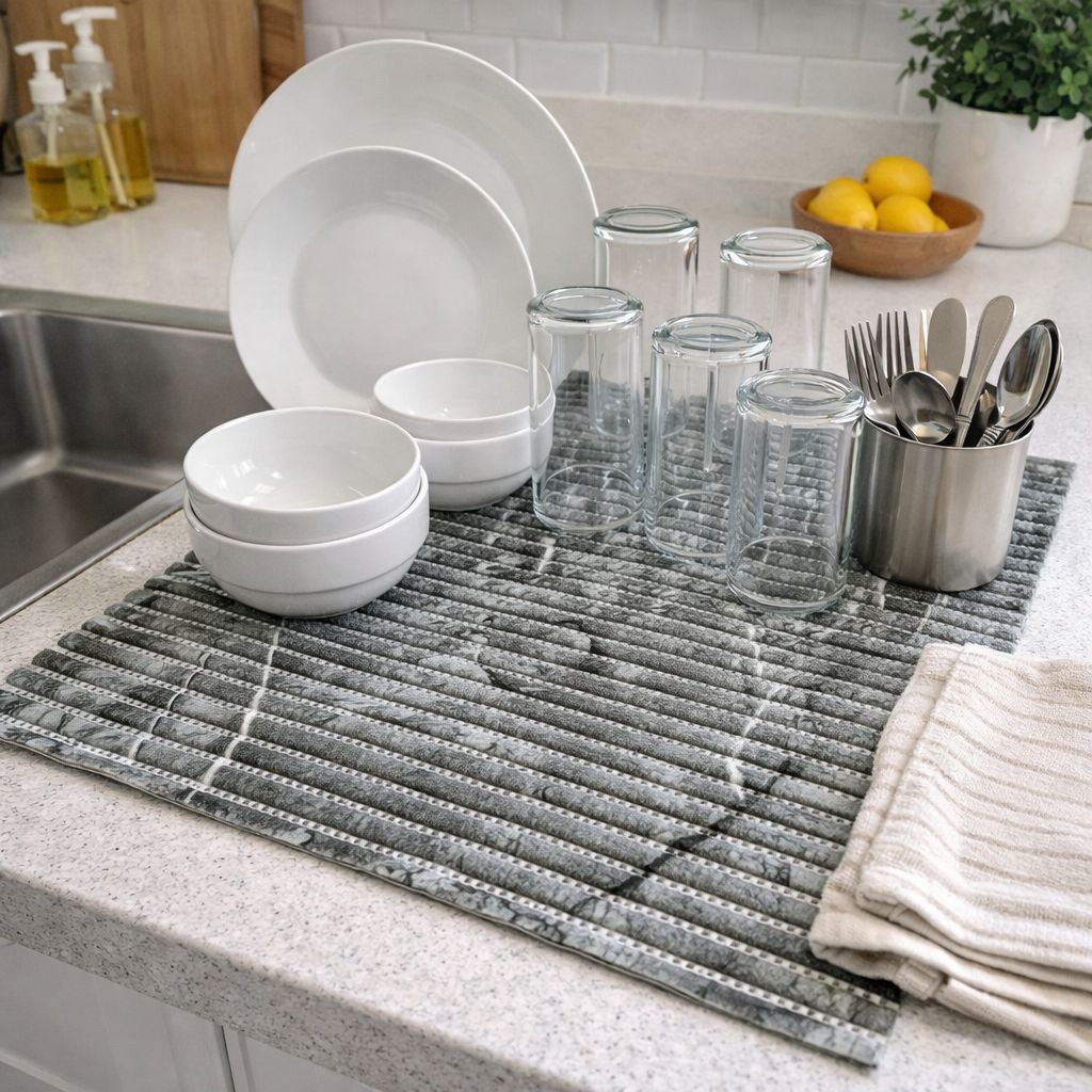 مفرش لتجفيف الاطباق والاواني والأكواب غير قابل للأنزلاق  قابل للطي لسهولة التخزين