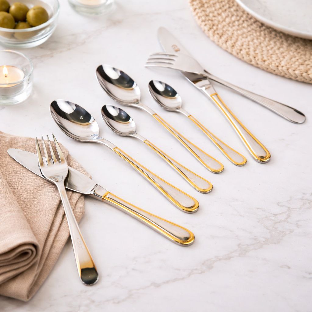 طقم معالق وشوك وسكاكين استانليس ستيل 24 قطعة بمقبض بحواف جولد أنيقة