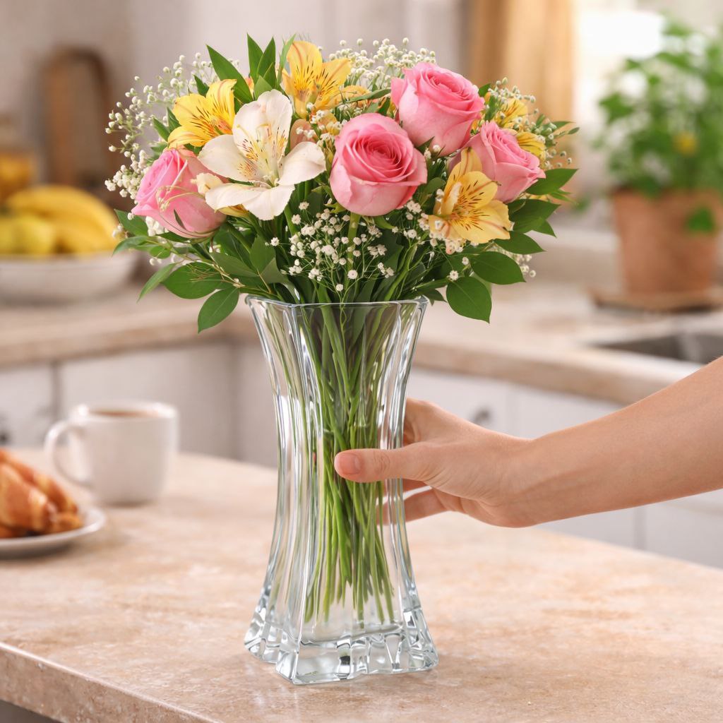 فازة زجاج شفاف شيك للورد بشكل مميز للديكور