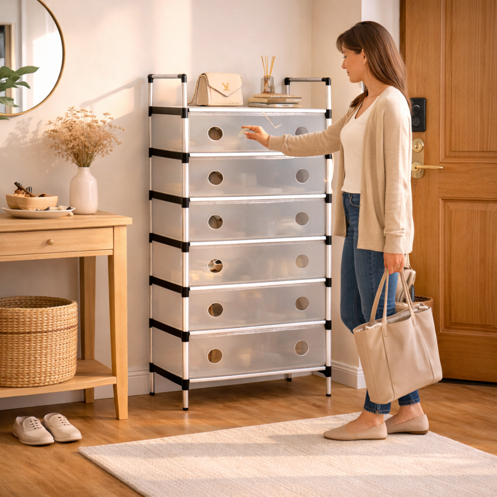 جزامة 6 أرفف بقوائم معدن مع غطاء لحماية الأحذية من الأتربة