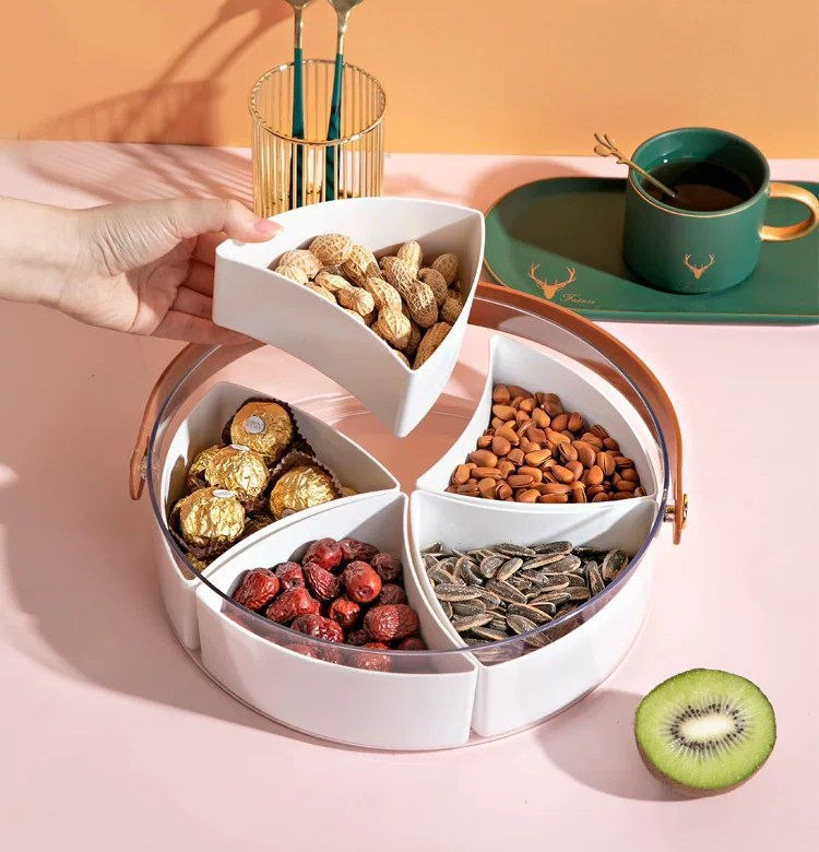 علبة تسالي اكريليك شفاف ب5 خانات بغطاء ويد من الجلد لتقديم الحلويات والمكسرات