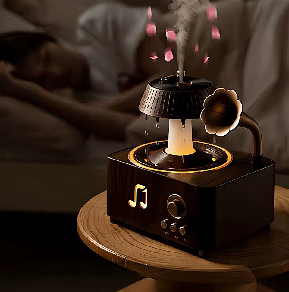 فواحة مضيئة على شكل جرامافون مع صوت ضوضاء بيضاء وسبيكر بلوتوث بخزان 250 ملي لتعطير المنزل بريموت للتحكم