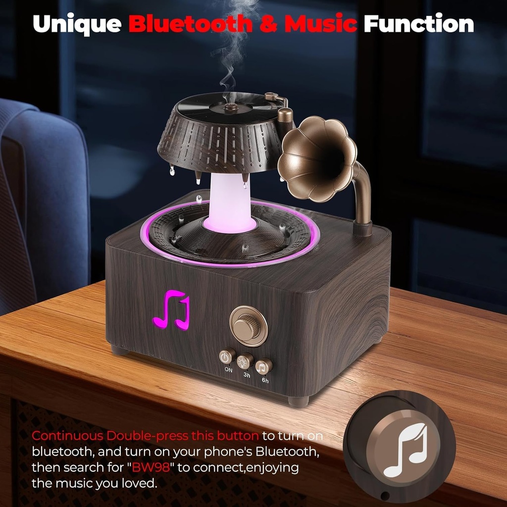 فواحة مضيئة على شكل جرامافون مع صوت ضوضاء بيضاء وسبيكر بلوتوث بخزان 250 ملي لتعطير المنزل بريموت للتحكم