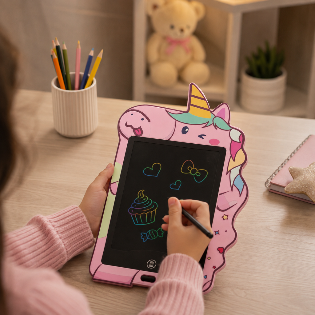 تابلت تعليمي  للأطفال بشكل يونيكورن 8.5 بوصة للرسم والكتابة وتعلم الألوان مع قلم وزر مسح وقفل الشاشة