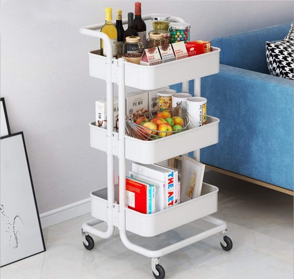 عربة تخزين وتنظيم معدنية ب3 أدوار شبكية بمقبض وعجلات متحركة قابلة للقفل للمطبخ والحمام والمكتب