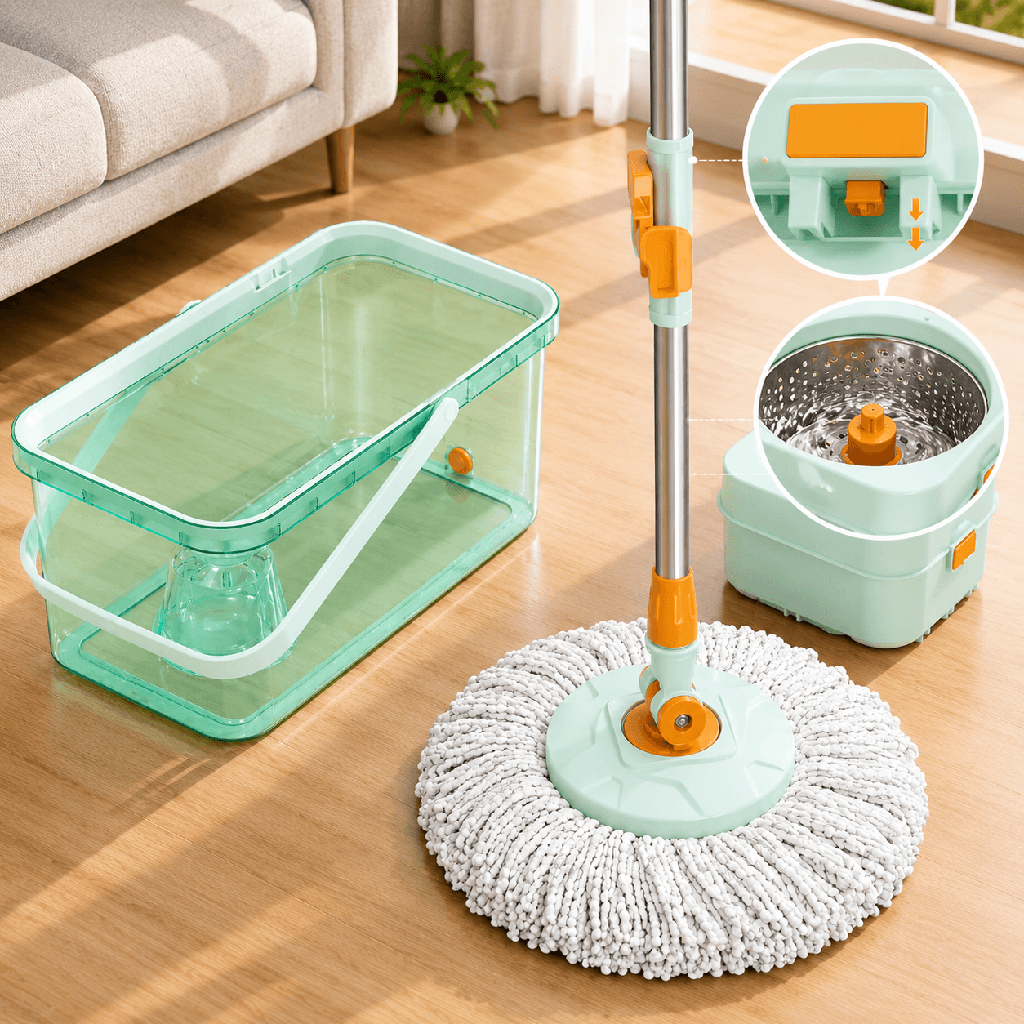 جردل موب أكريليك شفاف كامل مع ممسحة دوارة 360 درجة و2 غيار