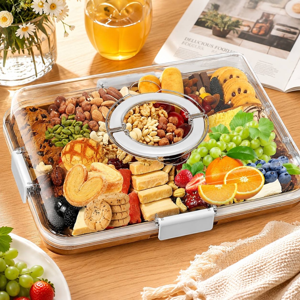 طبق تقديم خشب بامبو مقسم 6 خانات بغطاء أكريليك محكم للتسالي والمكسرات